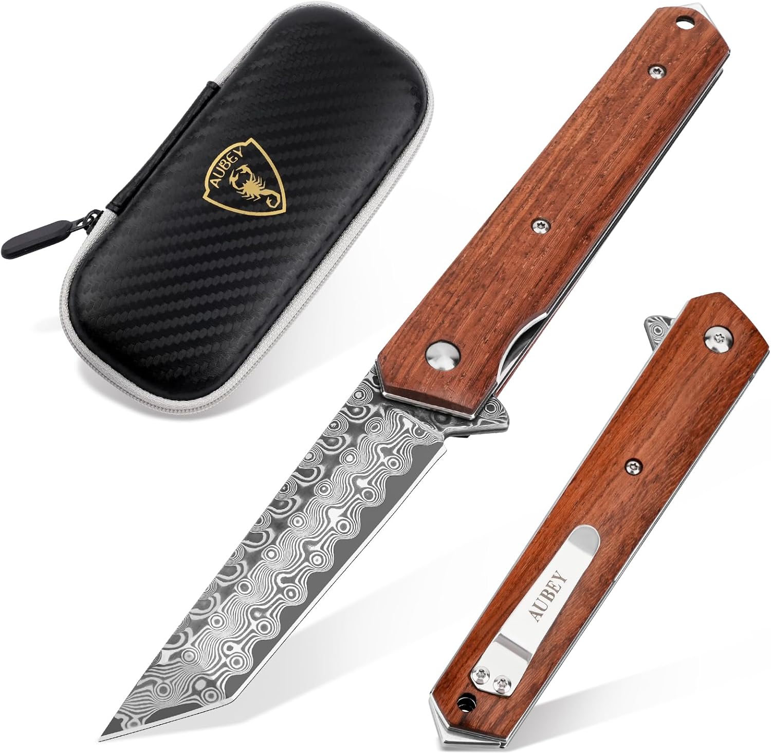 AUBEY Damascus Pocket Knife with VG10 Core for EDC Camping