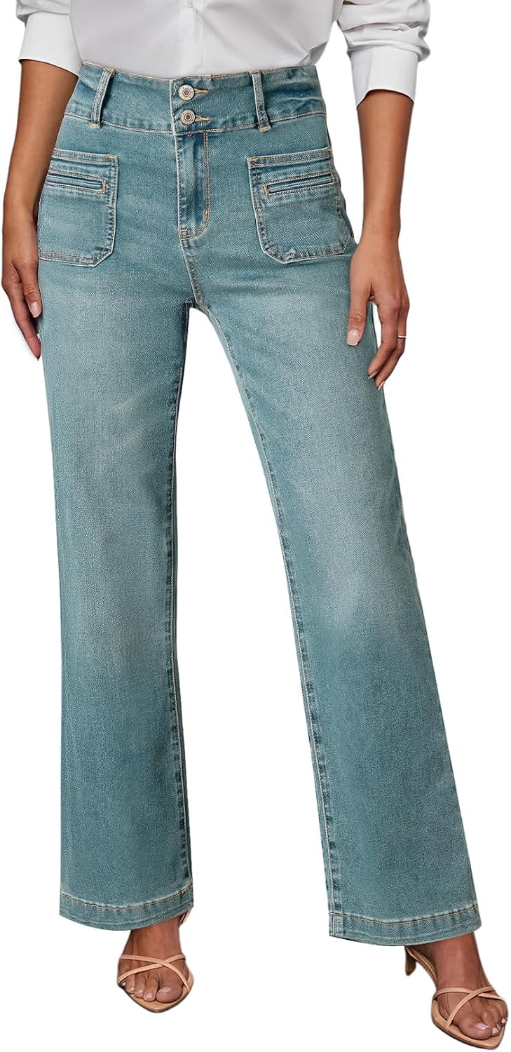 Sidefeel Women's High Waisted Wide Leg Jeans with Tummy Control