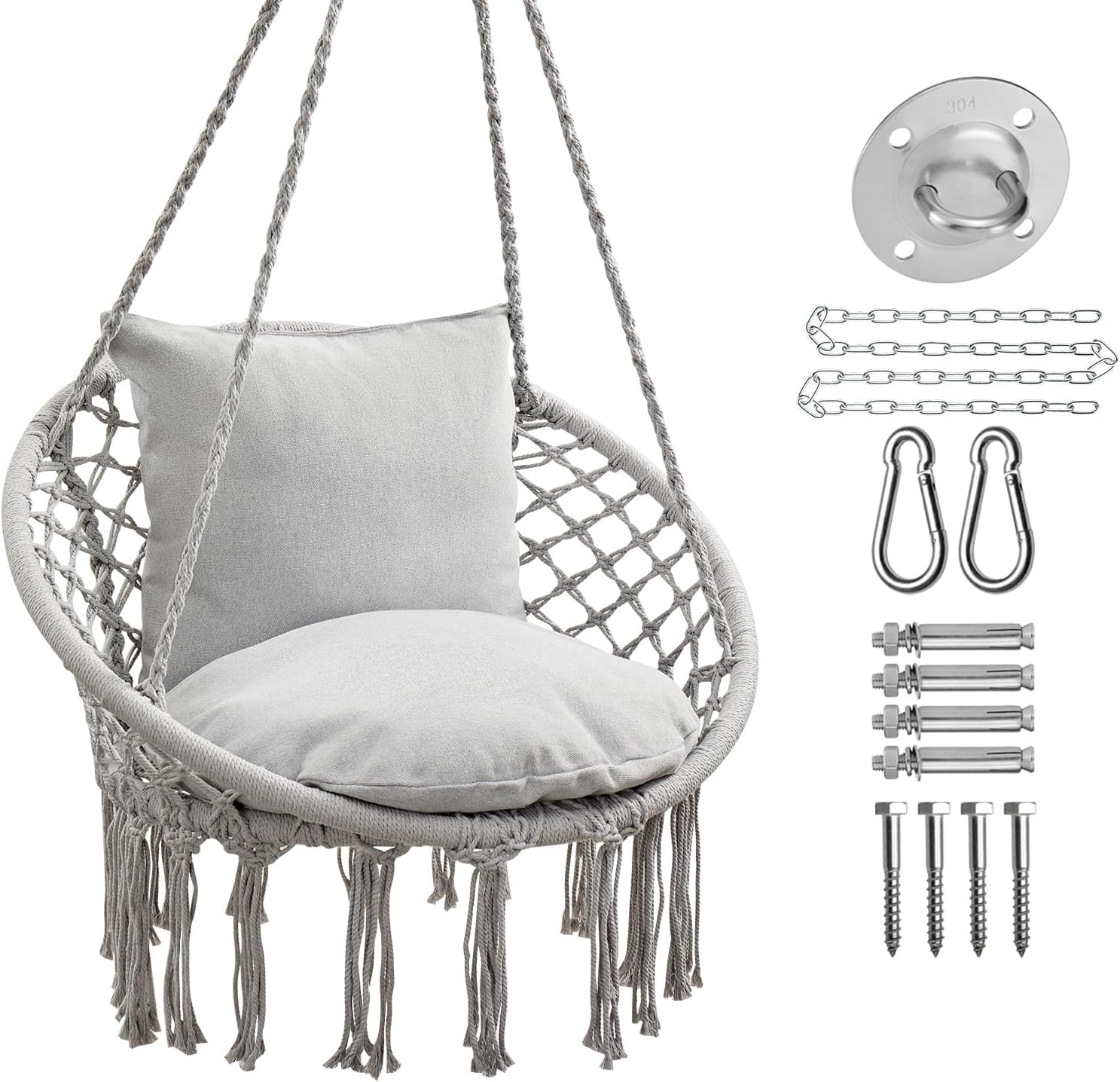 330 Lbs Capacity Macrame Hanging Swing Chair Set - Light Grey