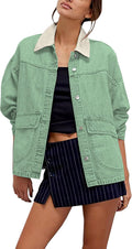 Oversized Denim Jacket for Women with Contrast Trim and Pockets