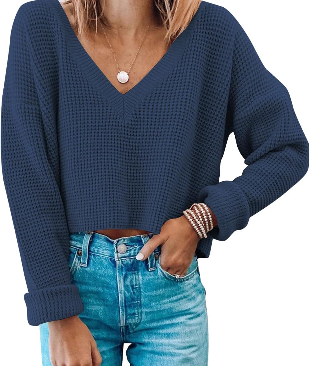 Womens V Neck Waffle Knit Cropped Top for Stylish Comfort