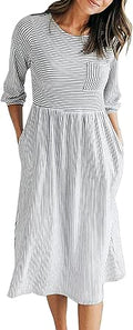 Stylish Women's 3/4 Balloon Sleeve Striped Midi Dress with Pockets
