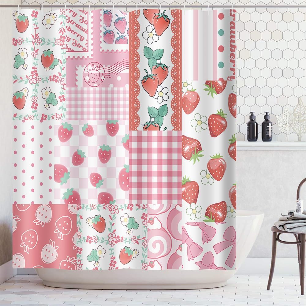 Waterproof Strawberry Patchwork Shower Curtain - TER432