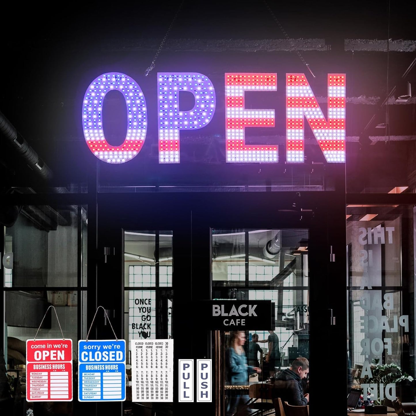 LED Open Signs for Business - Bright US Flag Design 30x10 in