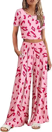 Ekouaer Women's 2 Piece Lounge Sets with Ribbed Knit Crop Top