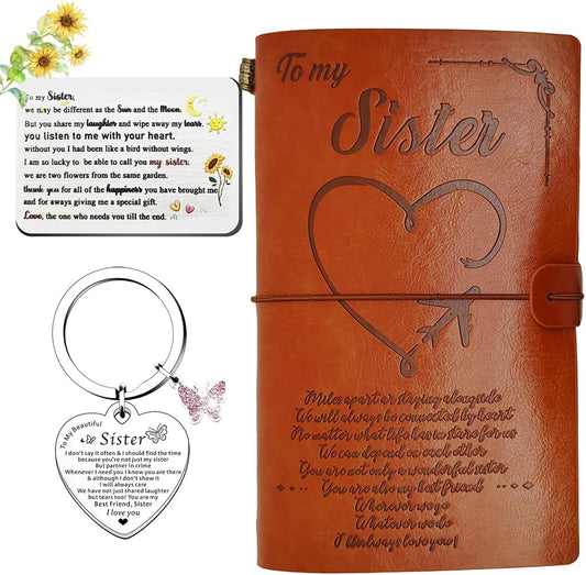 Sister Gift Set: Leather Journal + Wallet + Keychain - PEIQICHU