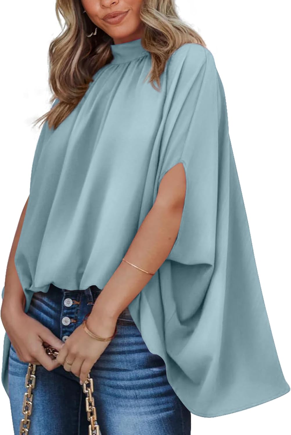 BTFBM Women Mock Neck Summer Tops for Casual Oversized Style