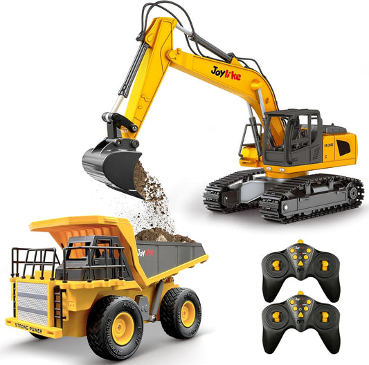 RC Excavator and Dump Truck Toy Set for Kids 8+ with Lights