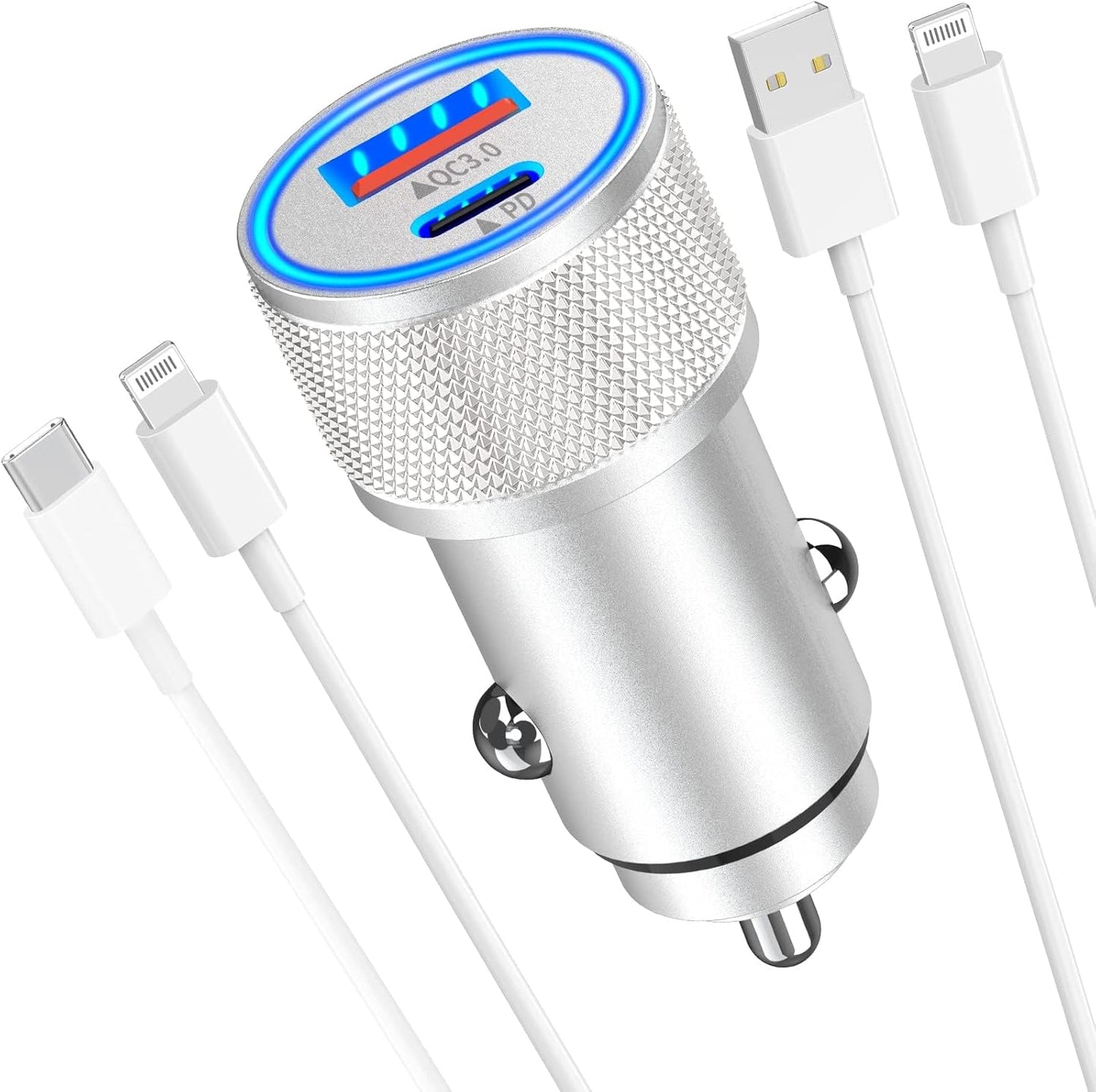 Fast Apple MFi Certified Car Charger + 2 Lightning Cables