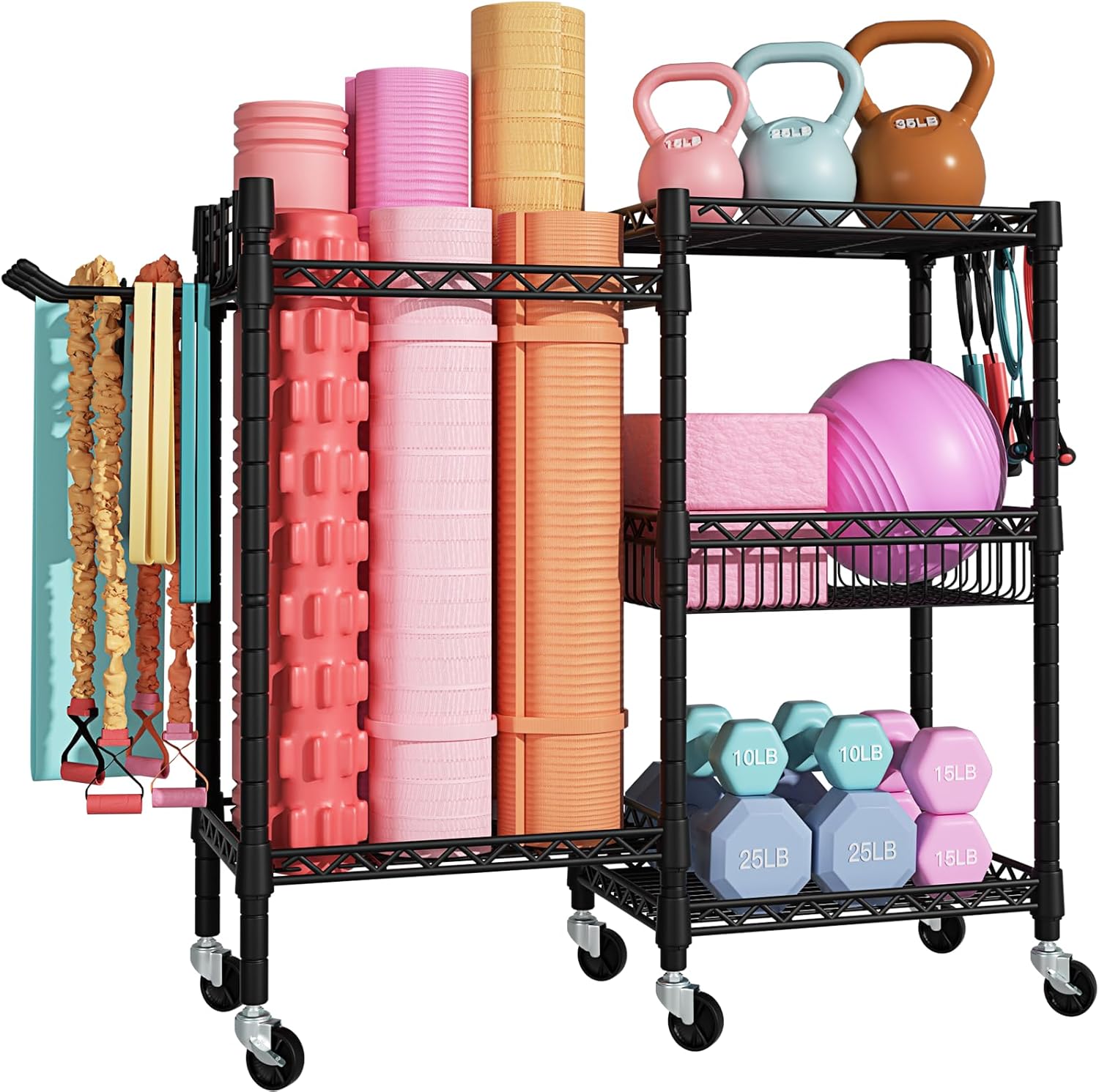 Home Gym Storage Organizer with Wheels for Workout Equipment