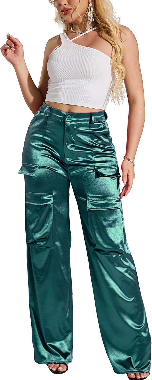 Womens High Waisted Satin Cargo Pants Trendy Loose Fit Trousers
