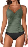 Women's Ruched Tankini Two Piece Swimsuit - V Neck Tummy Control