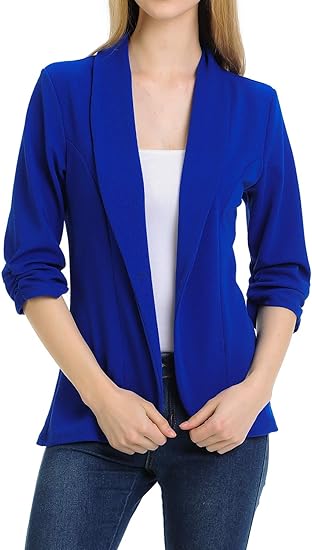 MINEFREE Women's 3/4 Ruched Sleeve Lightweight Blazer Jacket