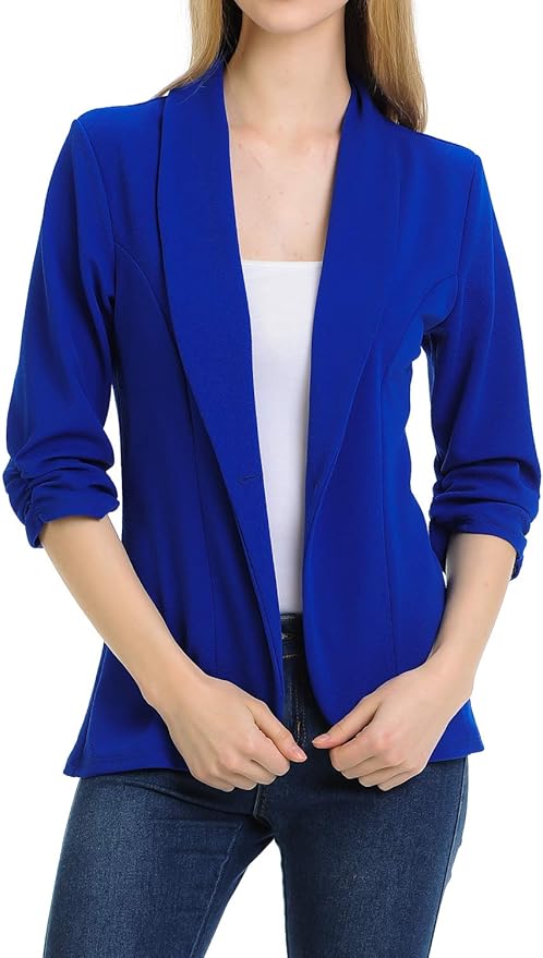 MINEFREE Women's 3/4 Ruched Sleeve Lightweight Blazer Jacket