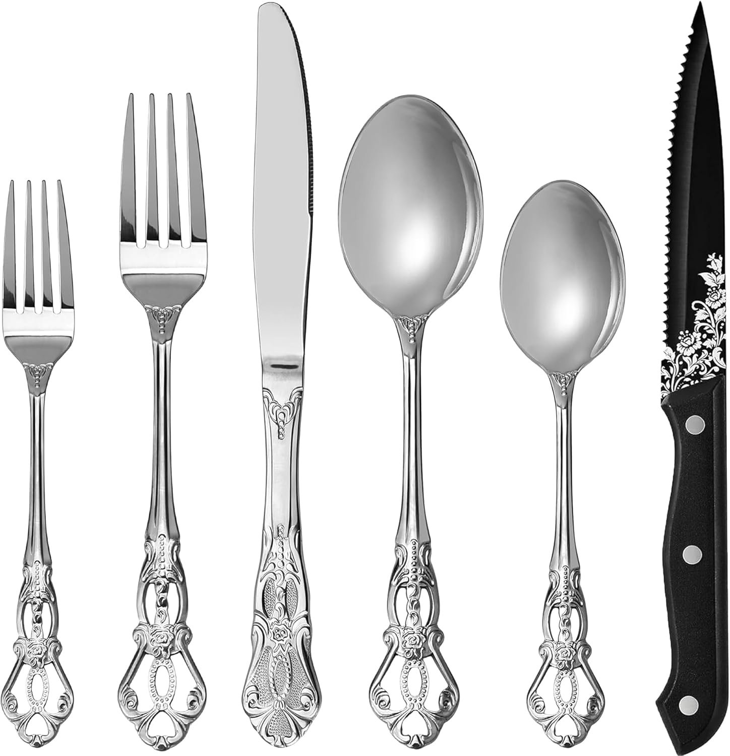 Runfly Retro Royal Silver 48 Pieces Flatware Set for 8 People