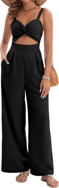 Women's Wide Leg Summer Jumpsuit - V Neck Twist One Piece