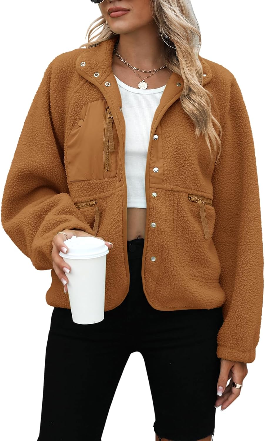 Yanekop Womens Fleece Jacket Cozy Sherpa Outerwear with Pockets