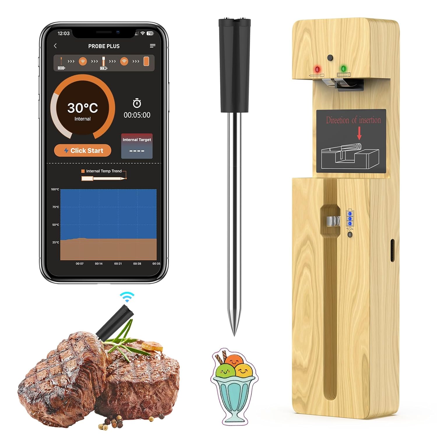 500Ft Wireless Smart Meat Thermometer - Waterproof, App Compatible