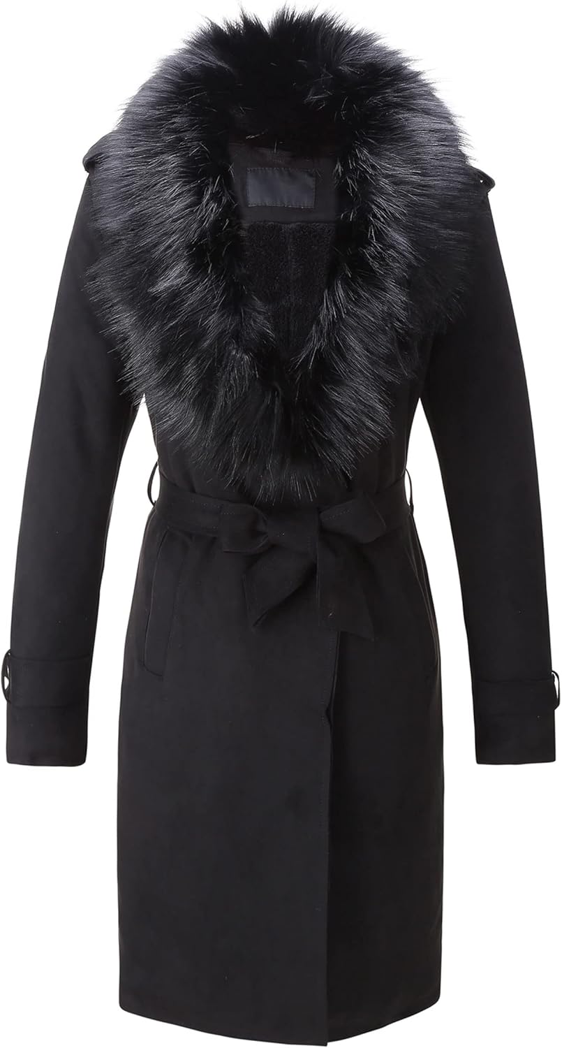 Faux Leather Trench Coat with Fleece Lining and Fur Collar