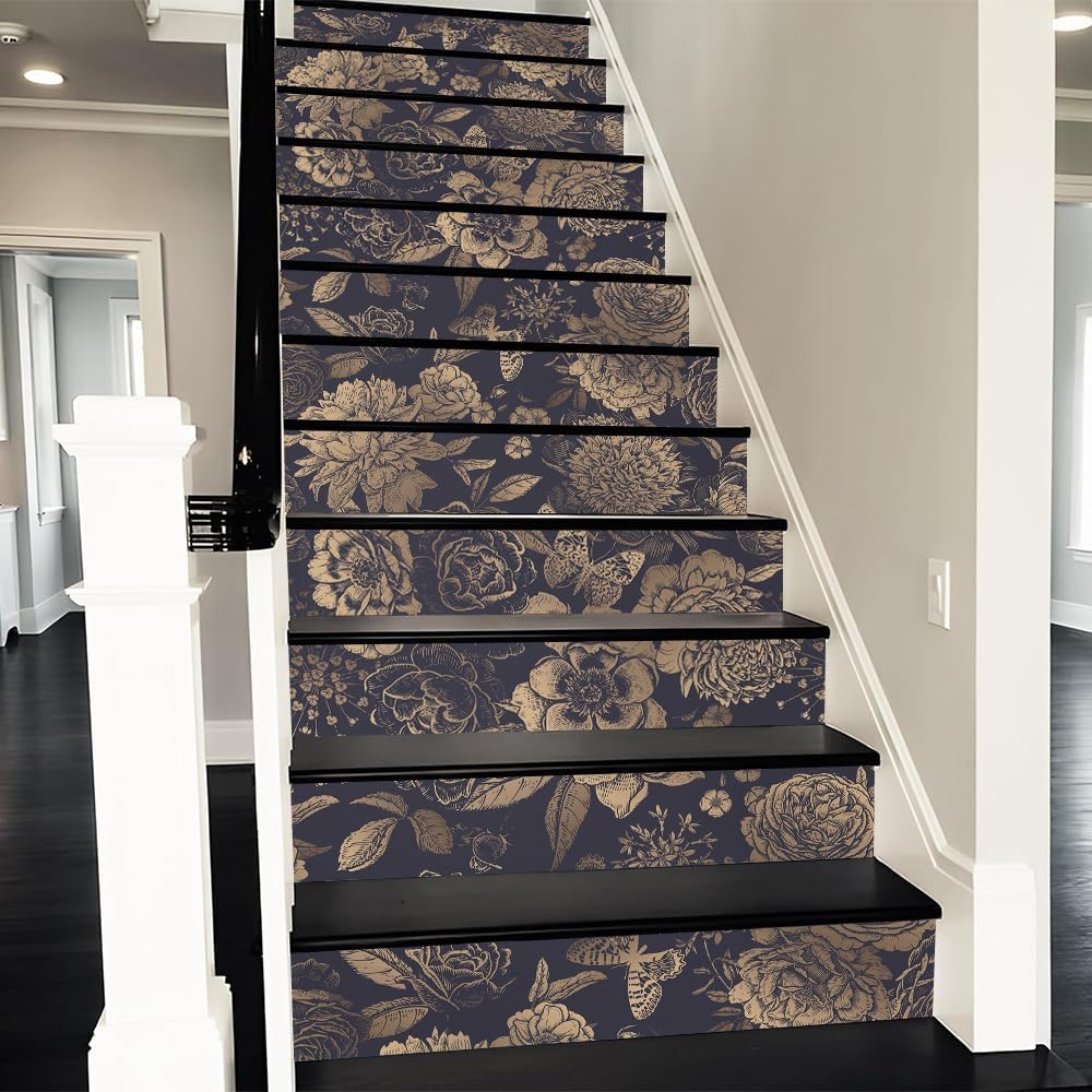 Vintage Black Brozen Flowers Butterfly Stair Riser Decals for Home