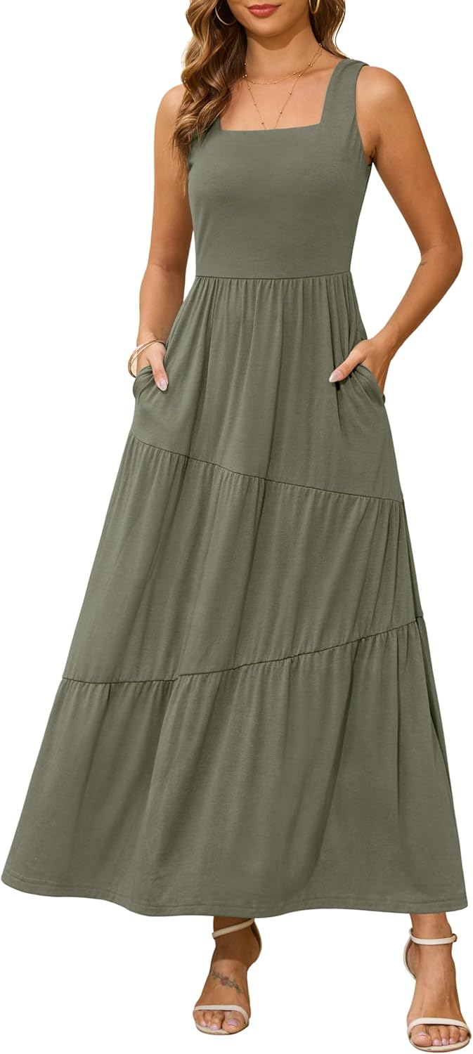 Kranda Summer Sleeveless Long Beach Sundress with Pockets