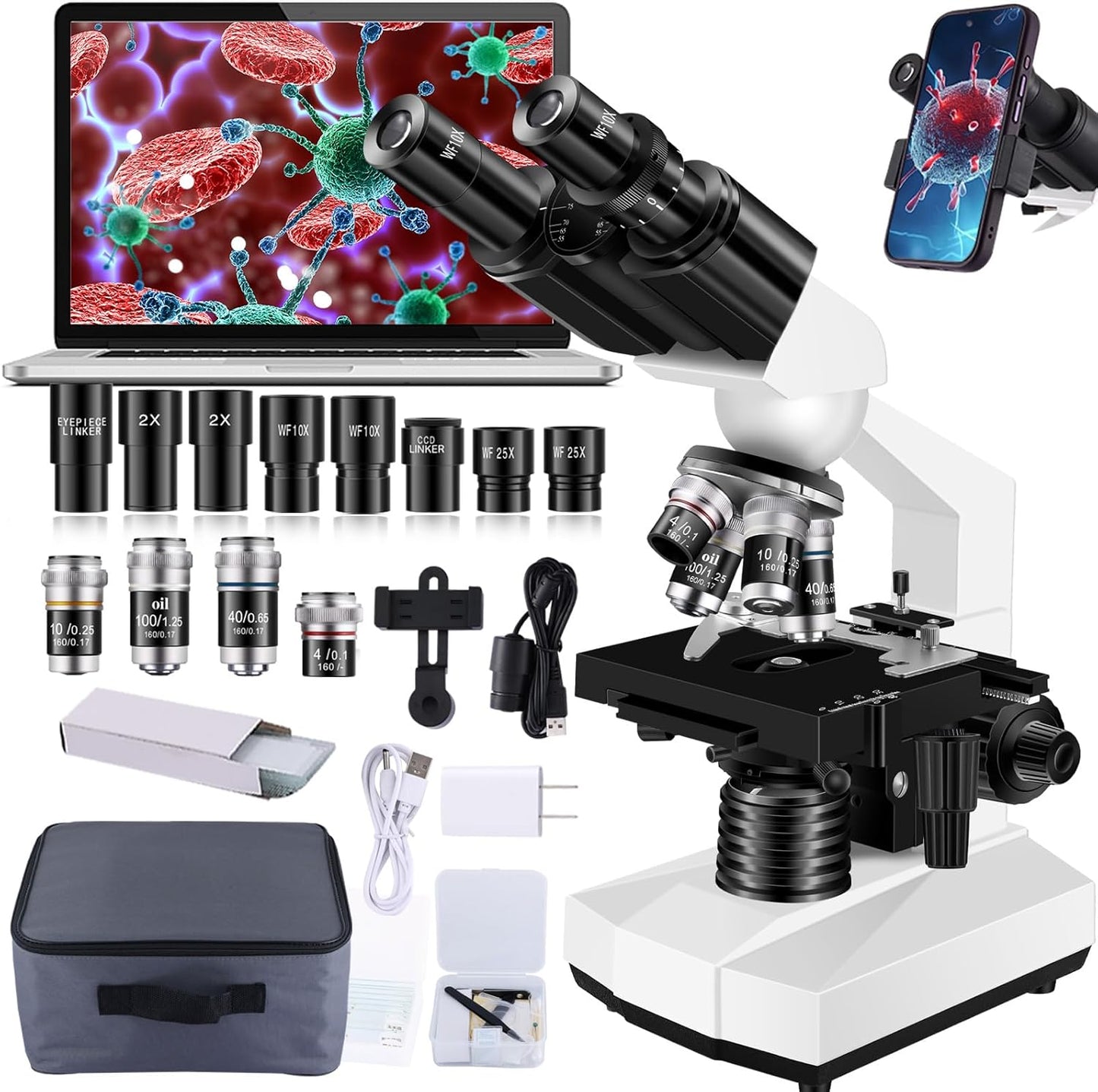 Microscope for Adults with 40X-2000X Magnification and USB Camera