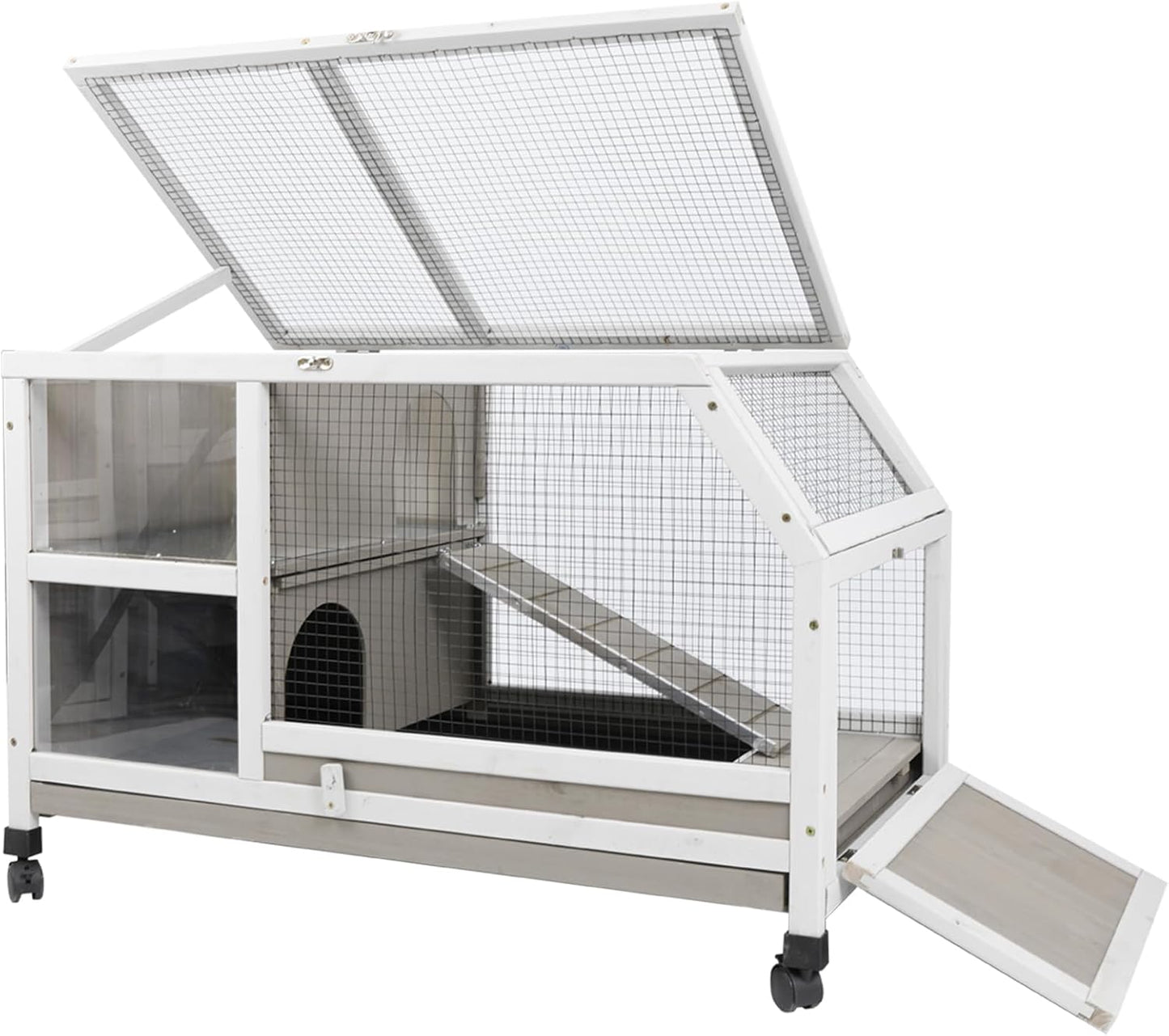 Indoor Rabbit Hutch - 36in Wooden Bunny Cage with Wheels