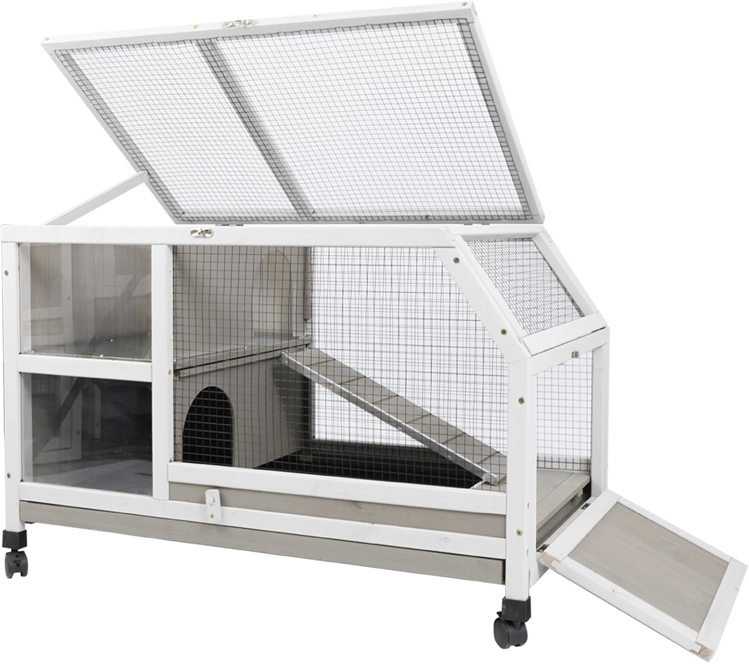 Indoor Rabbit Hutch - 36in Wooden Bunny Cage with Wheels