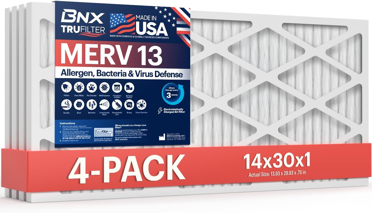 BNX TruFilter 14x30x1 MERV 13 Air Filter for Allergies & More