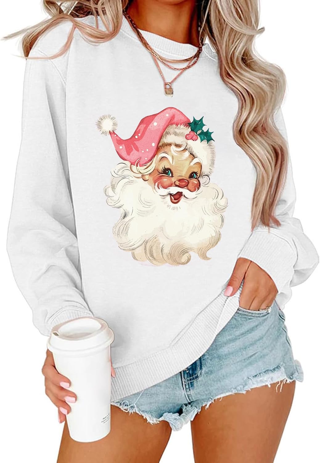 Christmas Sweatshirt for Women with Fun Pink Santa Graphic