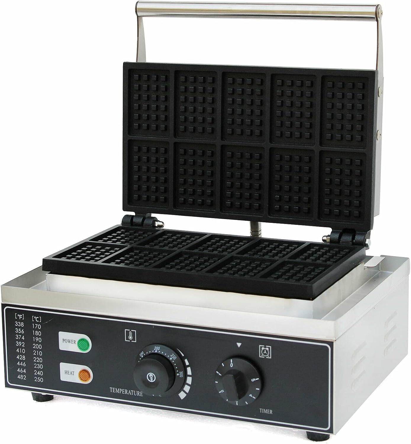 Commercial Stainless Steel Waffle Maker - 10 Grids, Nonstick, 1500W