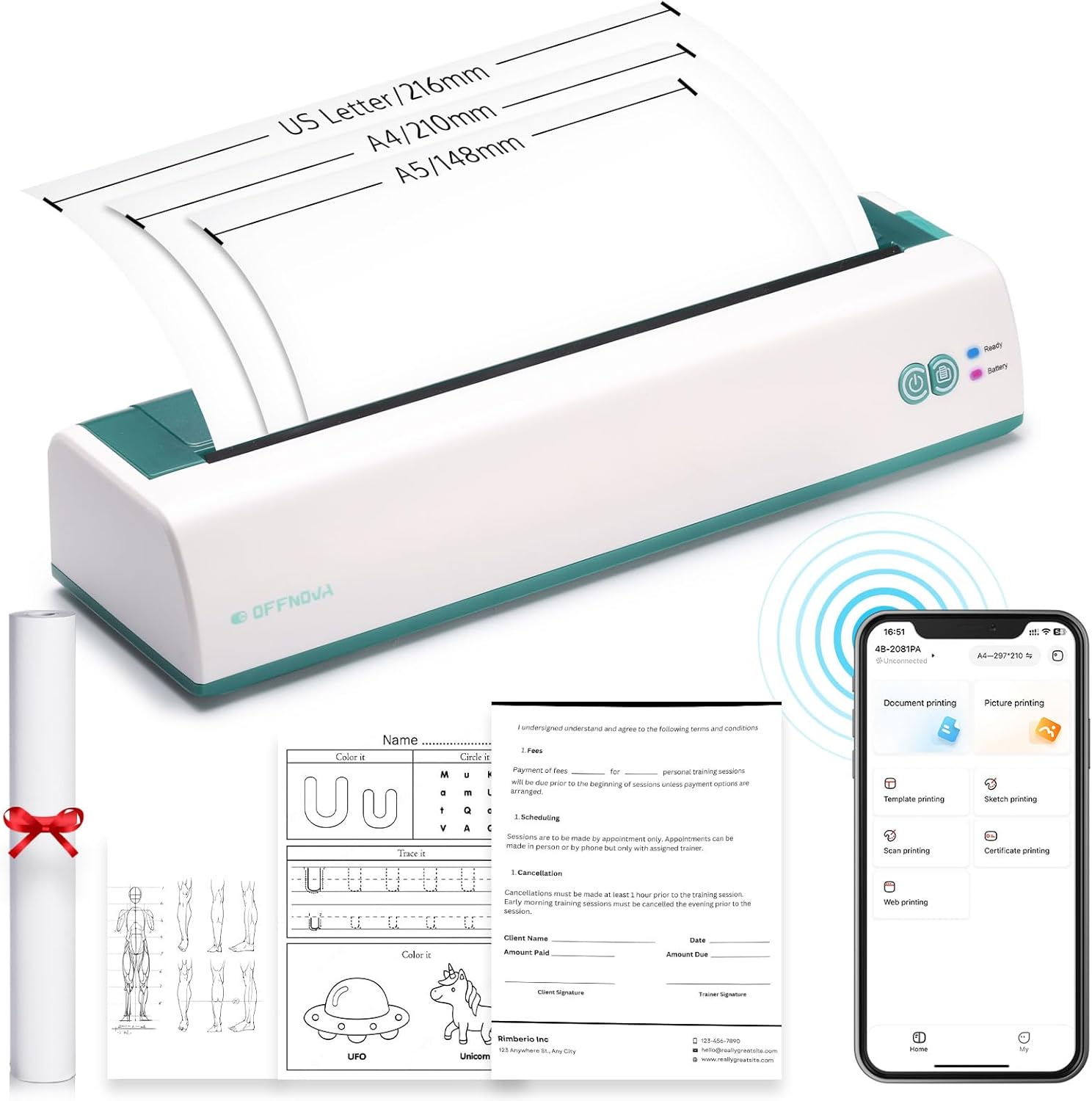 Compact Wireless Thermal Printer, Supports US Letter & A4, iOS/Android/Laptop, 1 Roll Paper, Mobile Office