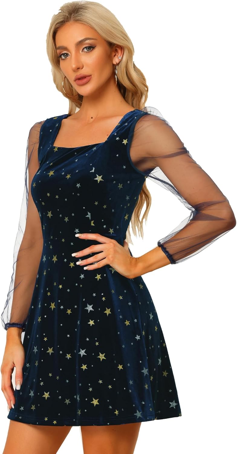 Allegra K Sparkly Glitter Velvet Mesh Sheer Sleeve Dress