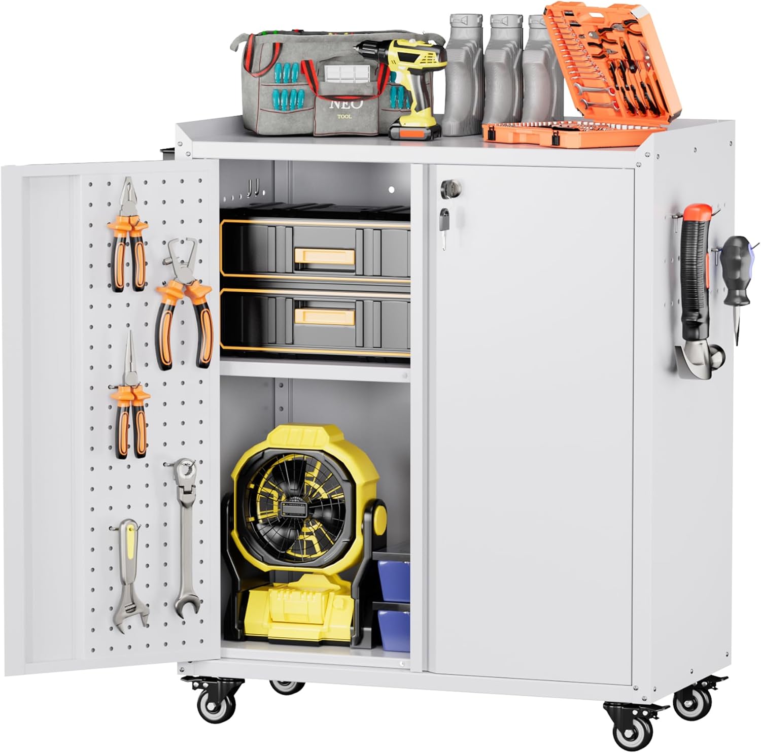Metal Tool Cabinet with Pegboard and Lockable Doors for Storage