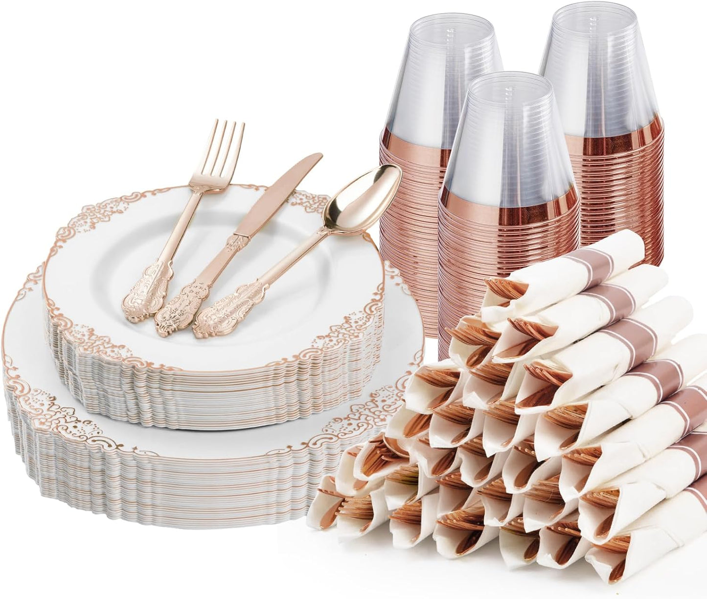175PCS Rose Gold Plastic Plates for Elegant Party Dining
