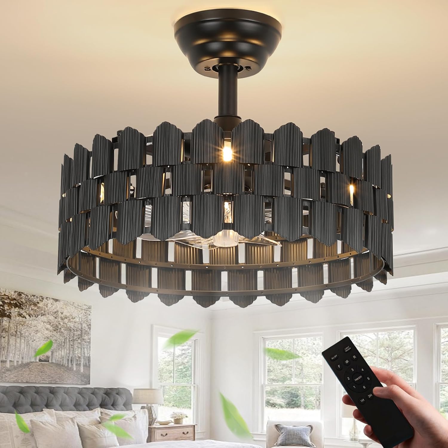 18 Inch Black Ceiling Fan with Lights and Remote Control Features