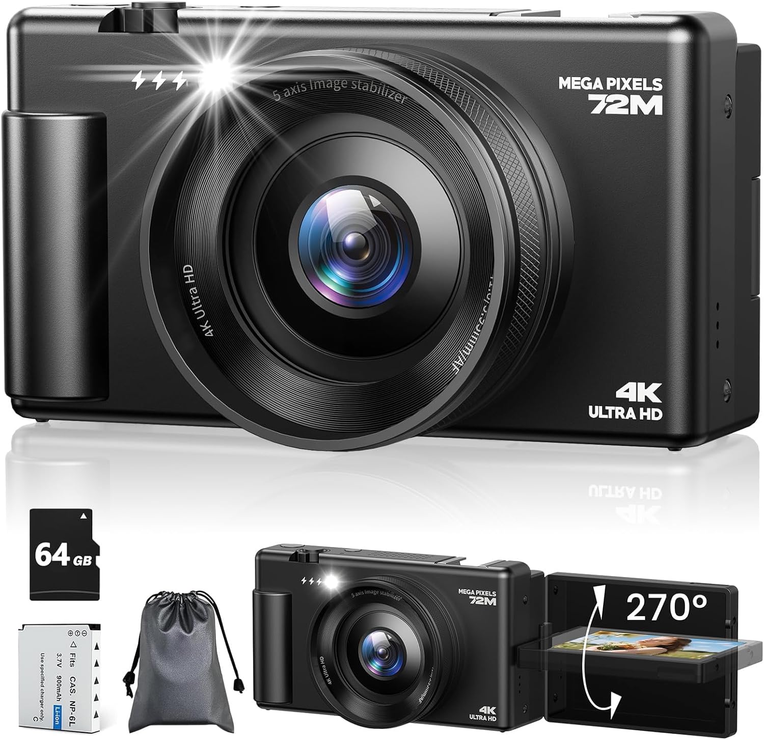 4K Digital Camera with 72MP Autofocus for Vlogging and Travel