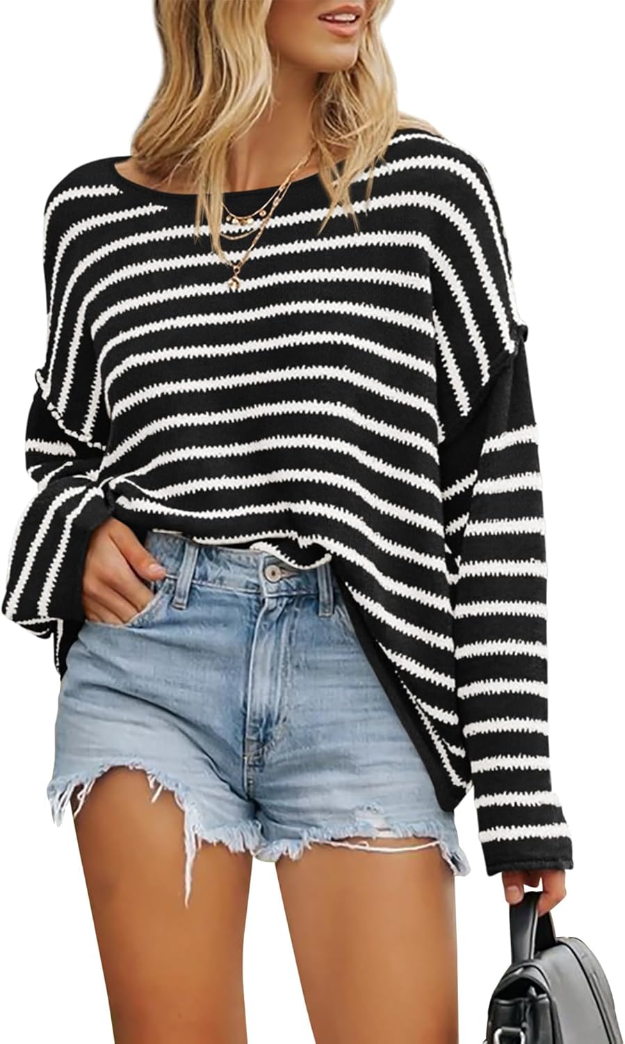 BTFBM Women's Striped Knit Sweaters for Spring and Fall Fashion