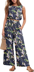 GRECERELLE Two Piece Sets for Women Sleeveless Crop Top Wide Leg