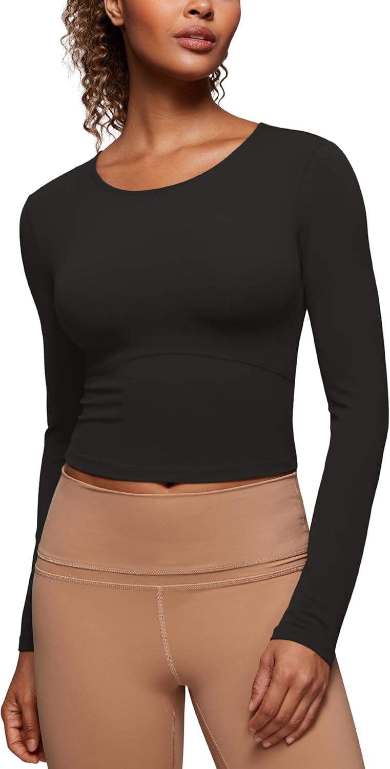 CRZ YOGA Butterluxe Scoop Neck Long Sleeve Crop Tops for Women