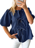 Womens Denim Tie Front Babydoll Peplum Top - Flattering Casual Fit