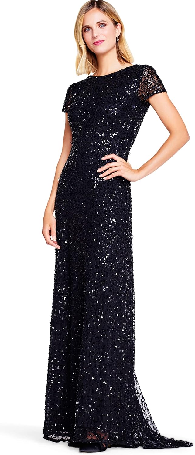 Stunning Short-Sleeve All Over Sequin Gown for Glamorous Events