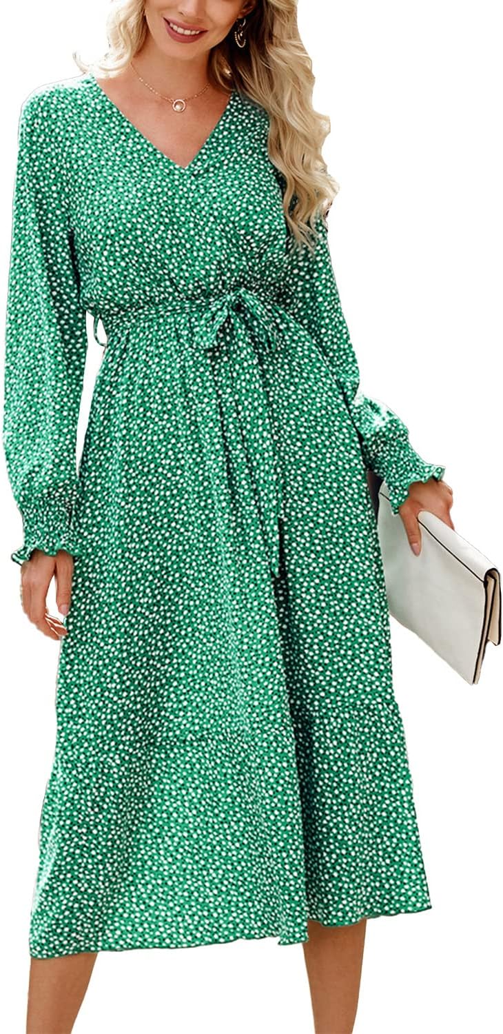 Floral Boho Maxi Dress for Women - Long Sleeve Wrap V Neck