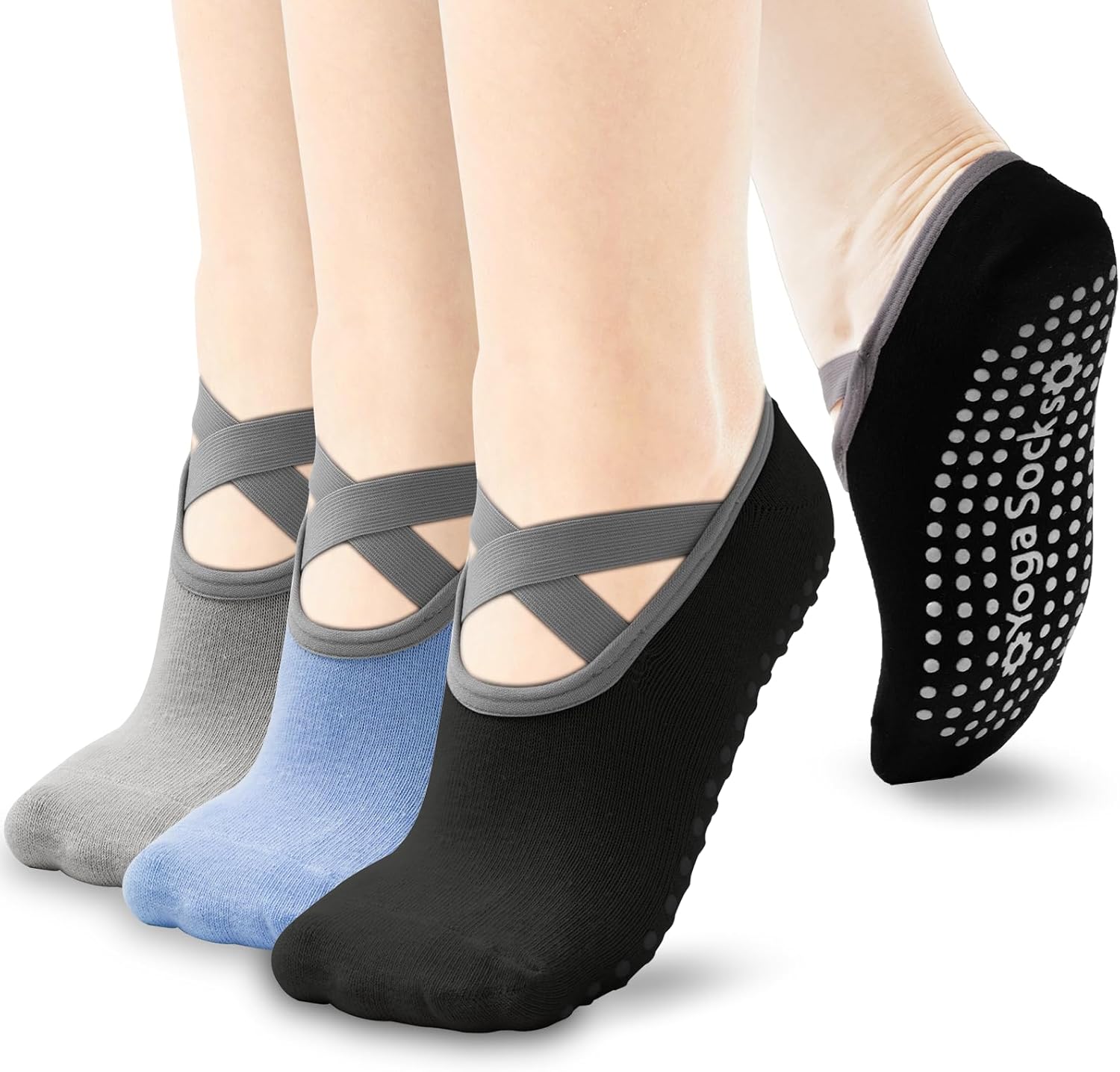 3Pairs Non-Slip Yoga Socks for Women - Grip Straps for Ultimate Stability