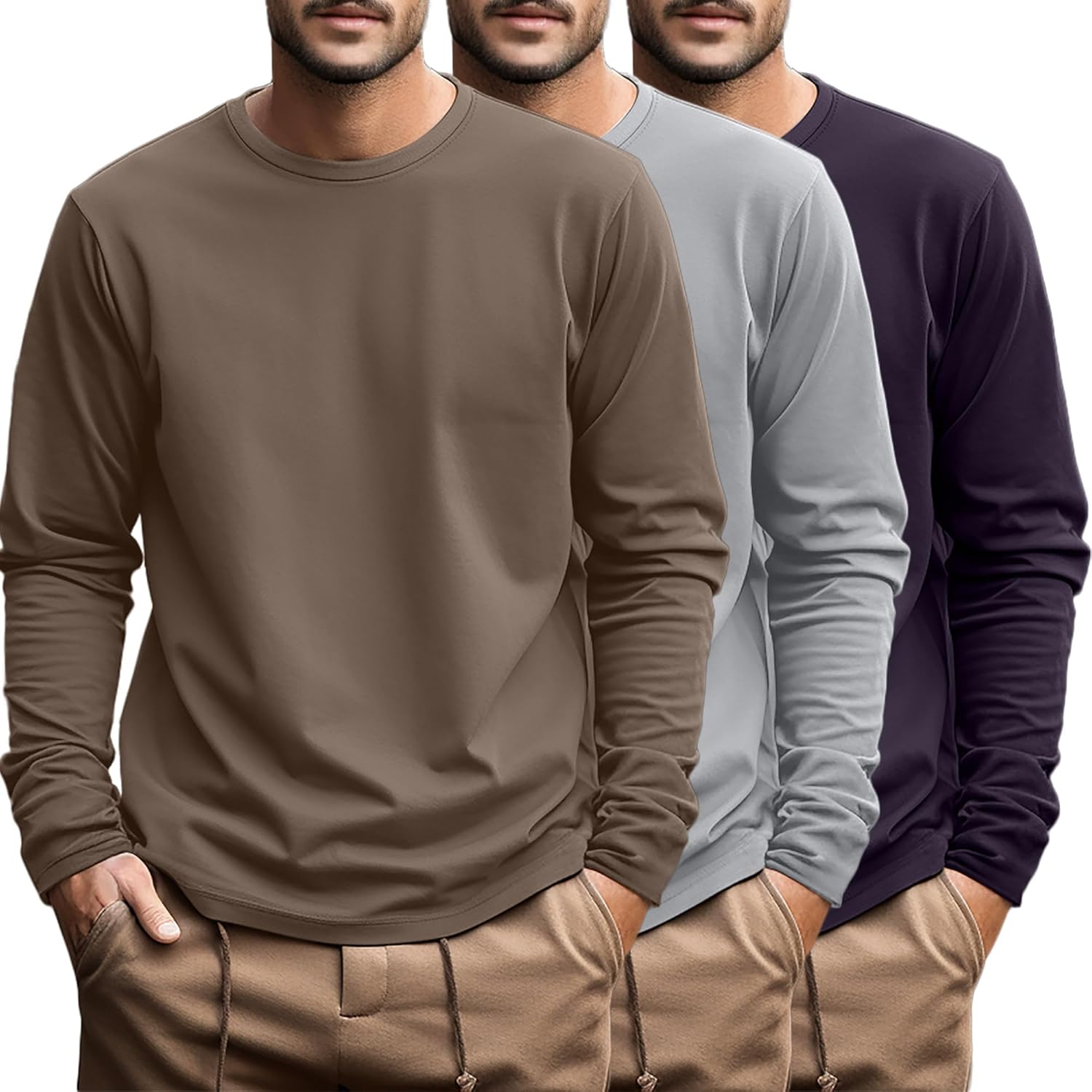 Ficerd 3 Pack Men's Big and Tall Long Sleeve Cotton Tees