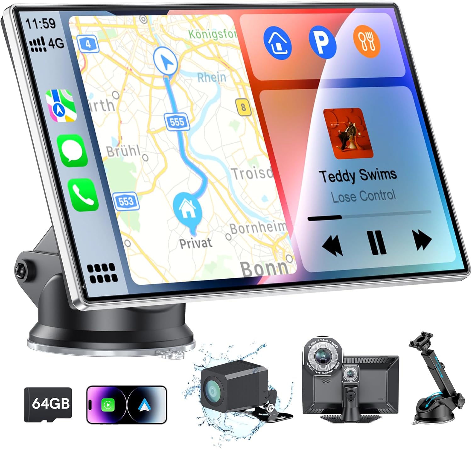 9 Inch Portable CarPlay Screen with 4K Dash Cam and Bluetooth