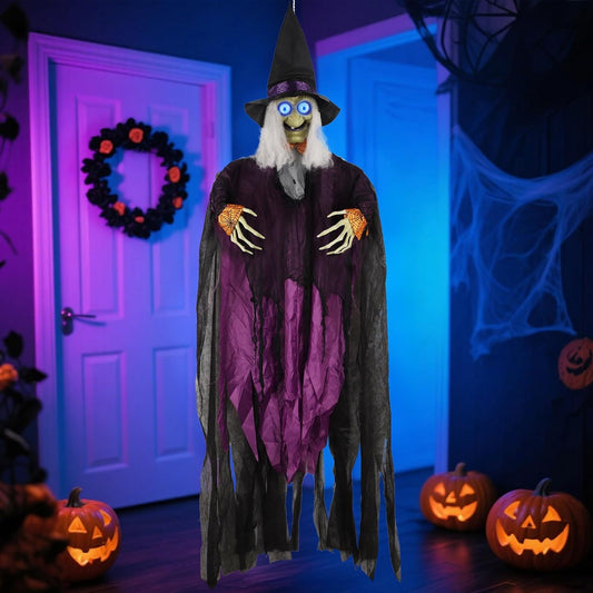 Animated Talking Witch Halloween Decor with Color-Changing Eyes