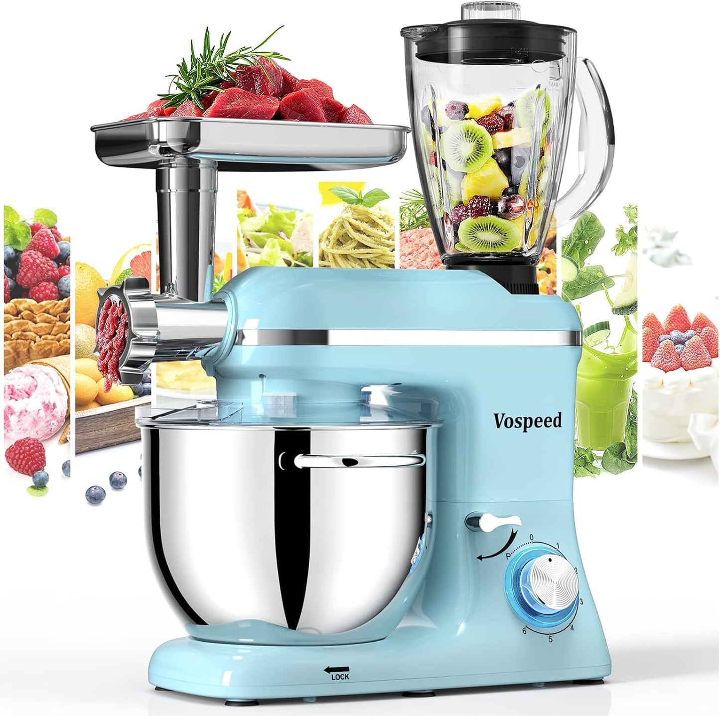 Vospeed 9 IN 1 Stand Mixer with 8 QT Bowl and Meat Grinder