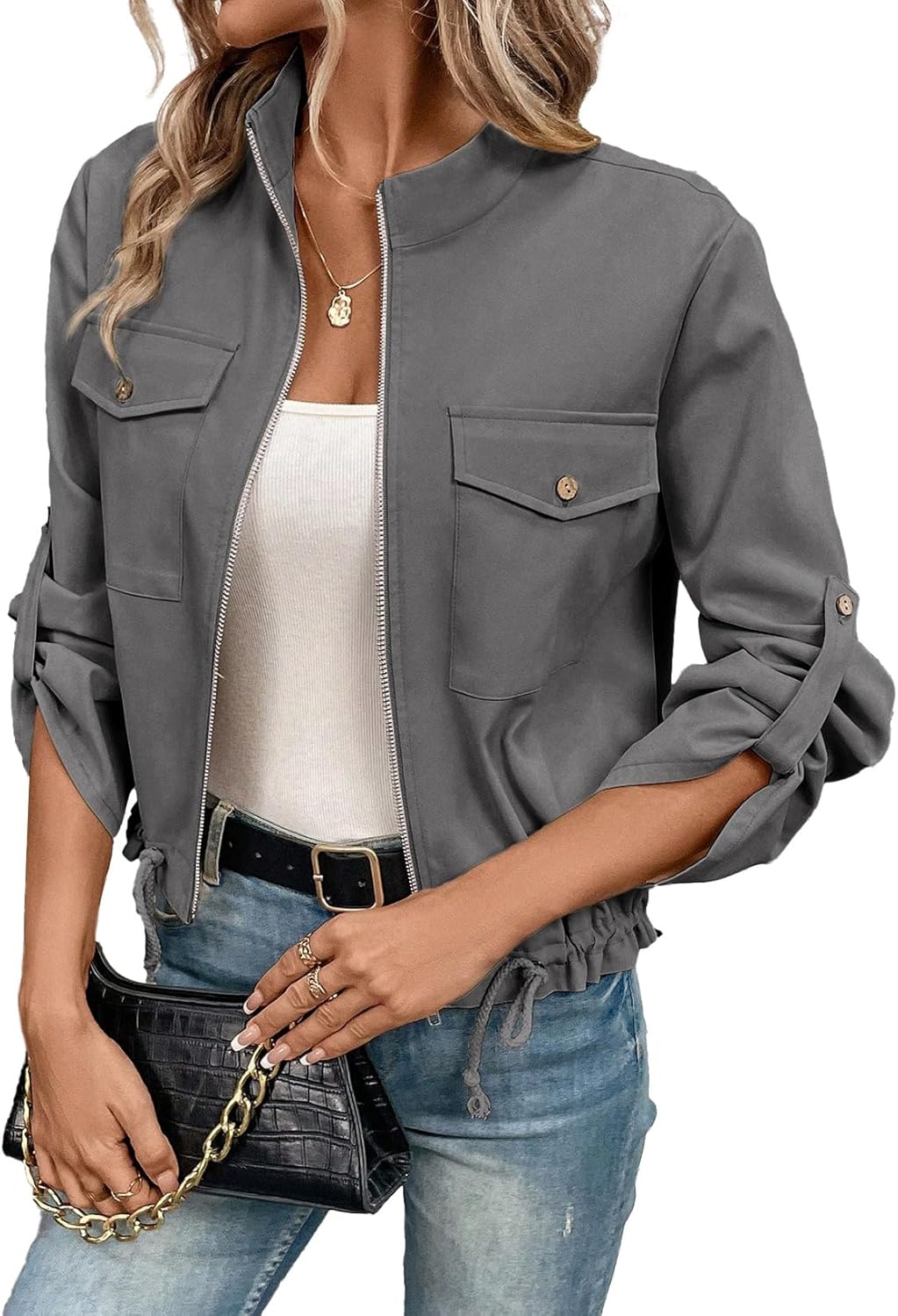 EVALESS Womens Zip Up Jacket with Roll Tab Sleeve and Pockets