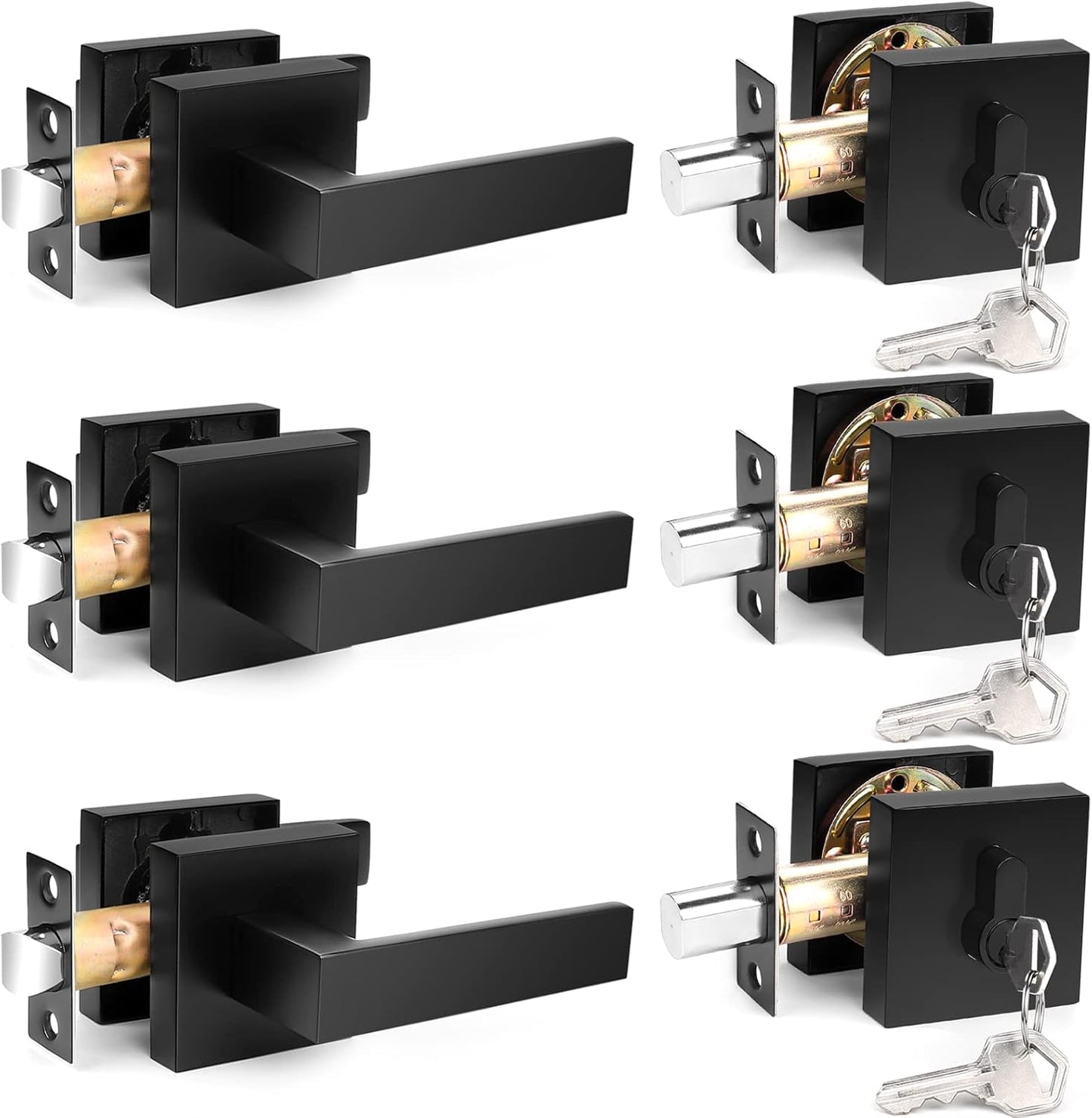 Probrico Flat Black Passage Door Lever and Deadbolts Combo Pack